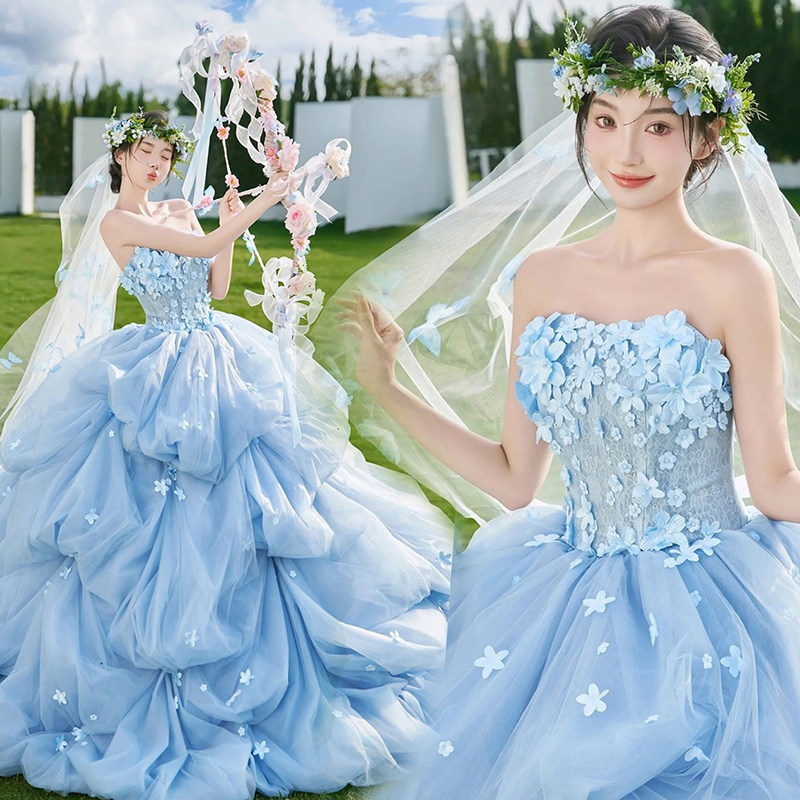 Flower Goddess Blue Bride Engagement Birthday Coming-Of-Age Ceremony Host Photo Studio Portrait Photography Princess Wedding Dress Robe Flower Goddess Blue Bride Engagement Birthday Coming-Of-Age Ceremony Host Photo Studio Portrait Photography Princess Wedding Dress Robe