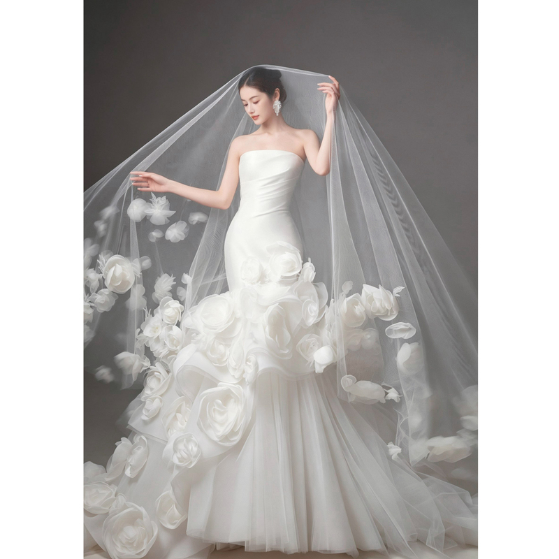Rose Girl Sexy Strapless Bride French Fishtail Train Light Wedding Dress Main Veil Morning Gown 2026 New Model 20889