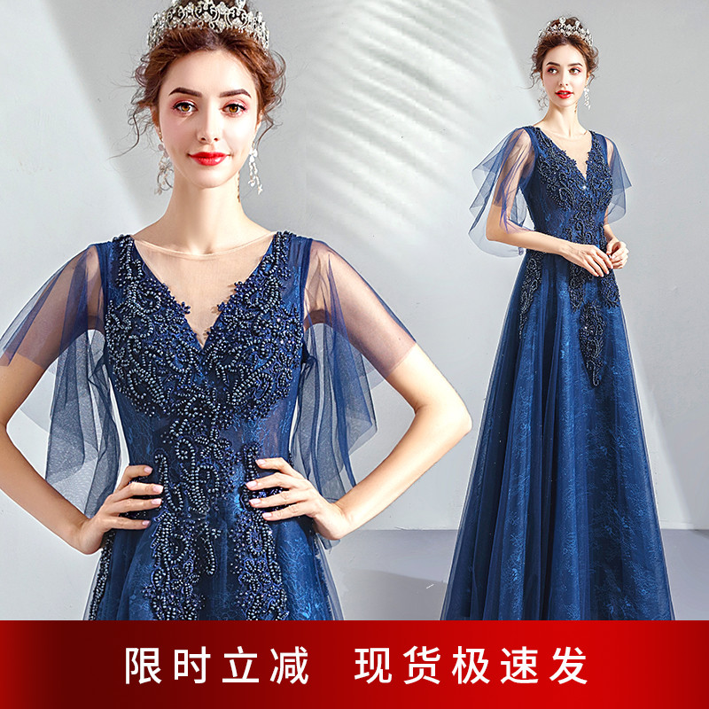 Angel Wedding Dress Black Gem Dark Blue Slim Birthday Dinner Annual Party Stage Performance Dress 9906Q