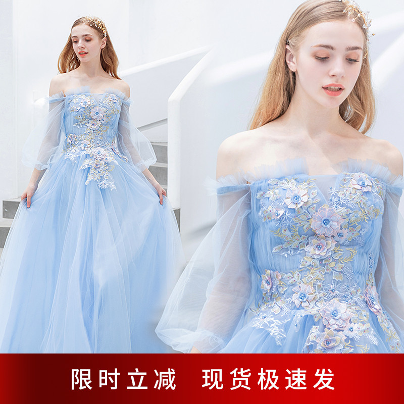 (Special Price Clearance Warehouse Pickup) Blue French style long sleeve stage acting out of the art take on the show wedding dress Evening dress 9276