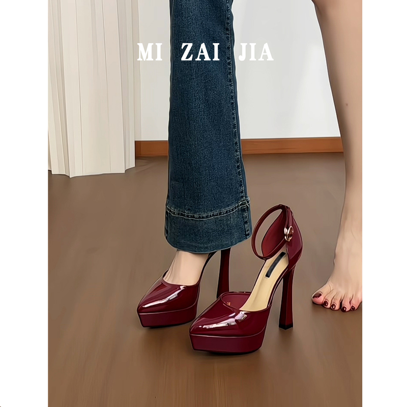 Sheepskin Version ~ Burgundy High-Heeled Shoes for Women 2026 New Style Stiletto Waterproof Platform Comfortable Ankle Strap High-Heeled Shoes