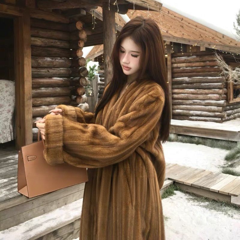 Boyun Winter Retro Style Faux Mink Fur Coat for Women, Mid-Length V-Neck Loose Fur Integrated Coat