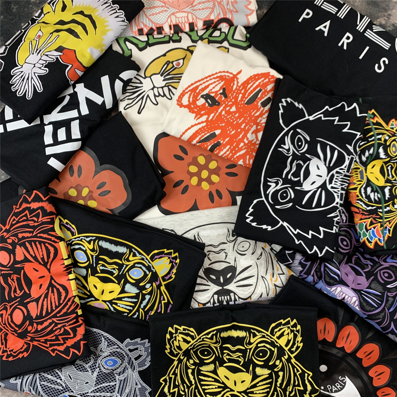 Summer New Style Tiger Head Print Short-Sleeved Cotton Loose Round Neck T-Shirt for Men and Women Couples with Begonia Flower Design