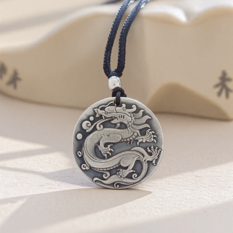 Dragon Pendant, Pure Silver 999 Sterling Silver Necklace, Twelve Zodiac Signs, Dragon Pendant for Men and Women, Solid Round Plate, Vintage Keychain