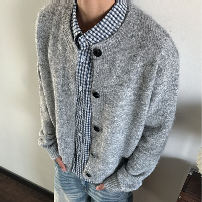 Korean Style Gray Crew Neck Sweater Cardigan for Men, Cleanfit Lazy Style Knit Top, Simple Shirt for Layering
