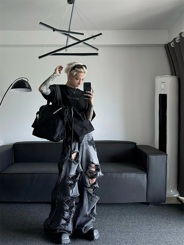 Summer Thin American High-Street Flared Ripped Jeans for Men, Loose Straight-Leg Oversize, Extremely Distressed, High-End