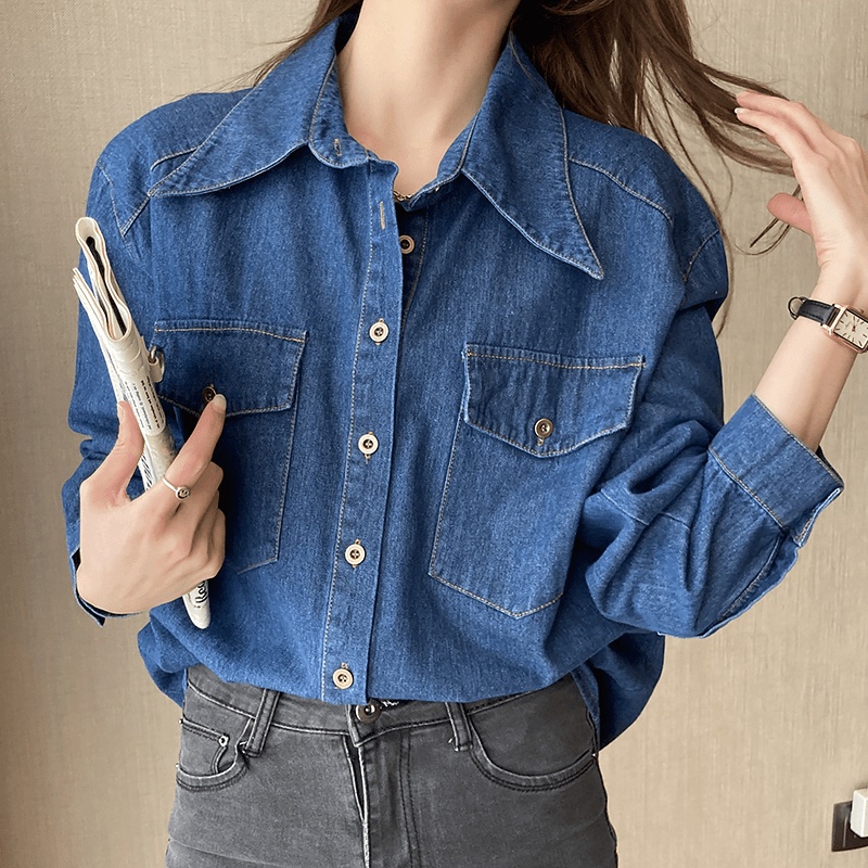 Retro Fashion Versatile Pointed Collar Washed Denim Shirt for Women Spring and Autumn Dark Blue Loose Denim Jacket for Women 9257