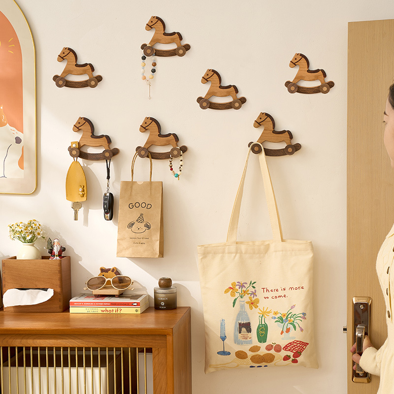 Solid Wood Wall Hooks, No Drilling Required, 2026 Year of the Horse Decoration, Wall-Mounted Backpack Adhesive Hooks, Entryway Door Clothes Rack