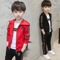 Childrens clothing boys spring and autumn suit 2021 new middle and large childrens sports thin velvet sweater three-piece set of childrens clothes