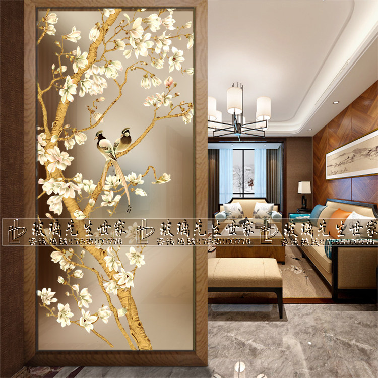 Custom Craft Art Glass Eurostyle Living Room Genguan Background Wall Shoe Cabinet On Screen Partition Xi Magpie Orchid