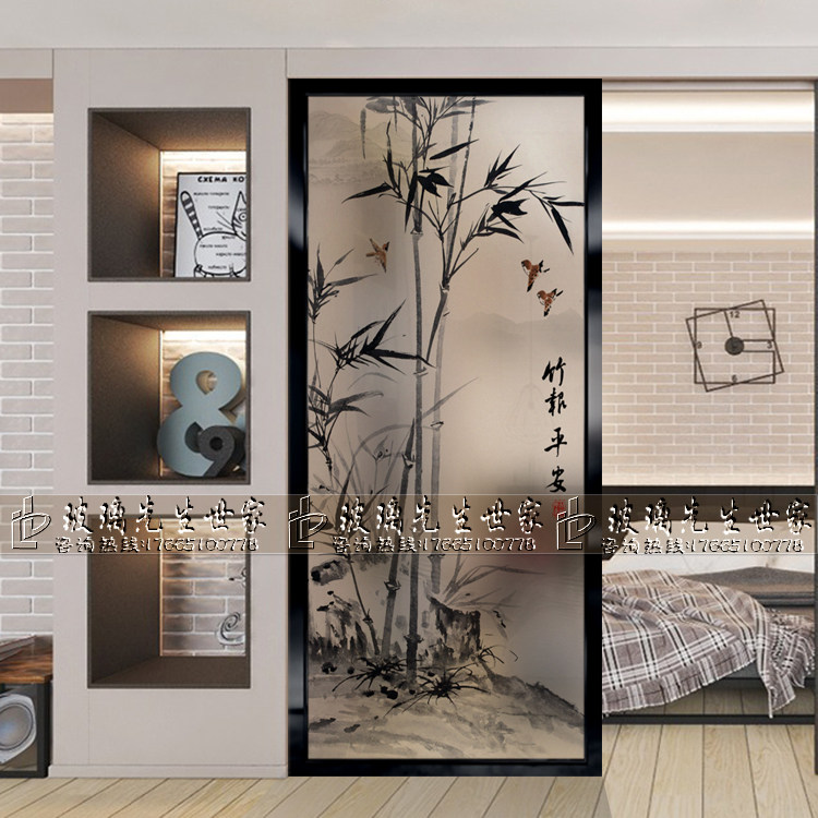 Modern Home Fashion New Chinese Art Glass TV Background Wall Xuan Guan Partition Wall Living Room Bifacial Ink Ping Ping Bamboo