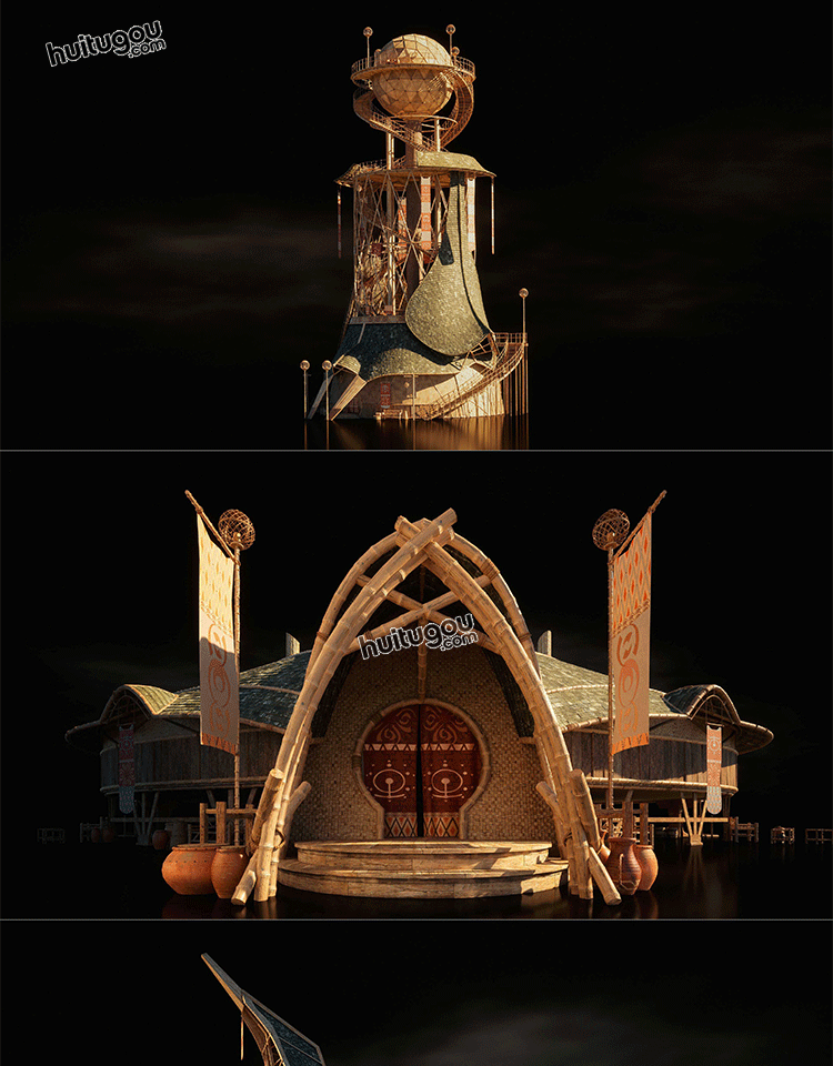 MAYA远古东方神话魔幻风格盖亚竹风建筑3D模型素材Kitbash3D-Gaea - KitBash3D模型 - 绘图狗-设计灵感素材集散地