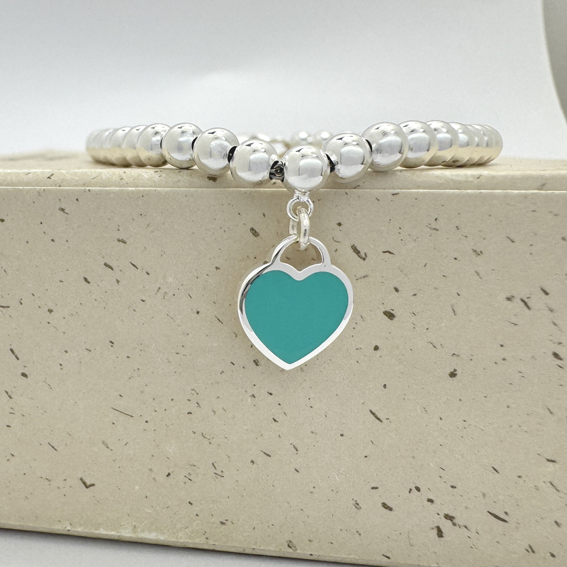 T-Brand Style Pure Silver Ag925 Blue Enamel Heart Bead Bracelet for Women, Simple and Exquisite with a High-End Feel, Popular Online Bracelet