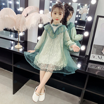Childrens lace princess dress fungus lace cheongsam collar mesh skirt 2021 new girls autumn dress