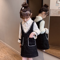 Xiaoxiang wind net red new autumn season Western style girl dress Childrens princess skirt suit fashionable strap skirt