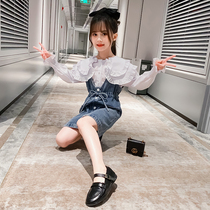 Girls  suit autumn 2021 new foreign style net red bull boy strap skirt childrens two-piece girl fashionable autumn clothes