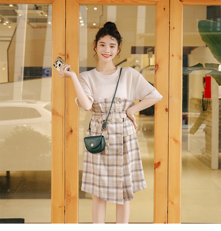 VK旗艦店 韓國學院風格子拼接收腰繫帶格紋短袖洋裝