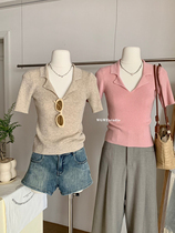 (WGWE) polo collar pink knitted womens summer slimming design niche short sweater