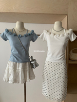 (WGWE) Three-dimensional flower decoration off-shoulder design slim one-shoulder short-sleeved T-shirt YS1-9286#