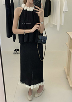 (Y JIA) French elegant floral halterneck top and high-waist slit skirt suit