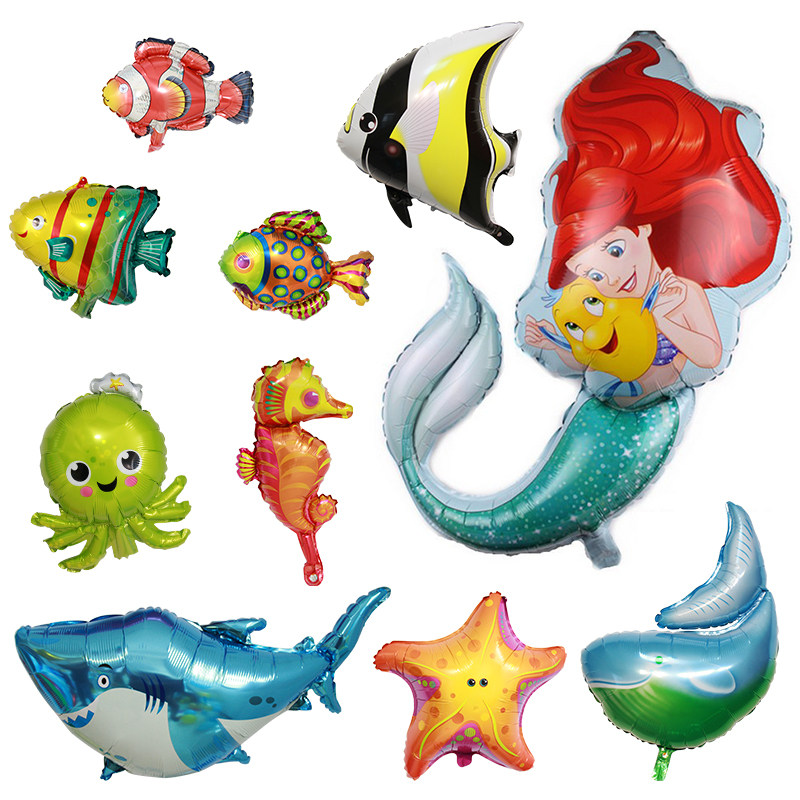Underwater World Ocean Shark Shell Whale Dolphin Octopus Tropical Fish Mermaid Aluminum Film Balloon Birthday Decoration