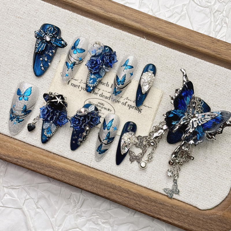 Blue 11-Finger Large Butterfly Handmade Press-On Nails, Heavy-Duty Nail Art, Premium Quality, Handmade, 2026 New Year Mid-Length Style Blue 11-Finger Large Butterfly Handmade Press-On Nails, Heavy-Duty Nail Art, Premium Quality, Handmade, 2026 New Year Mid-Length Style