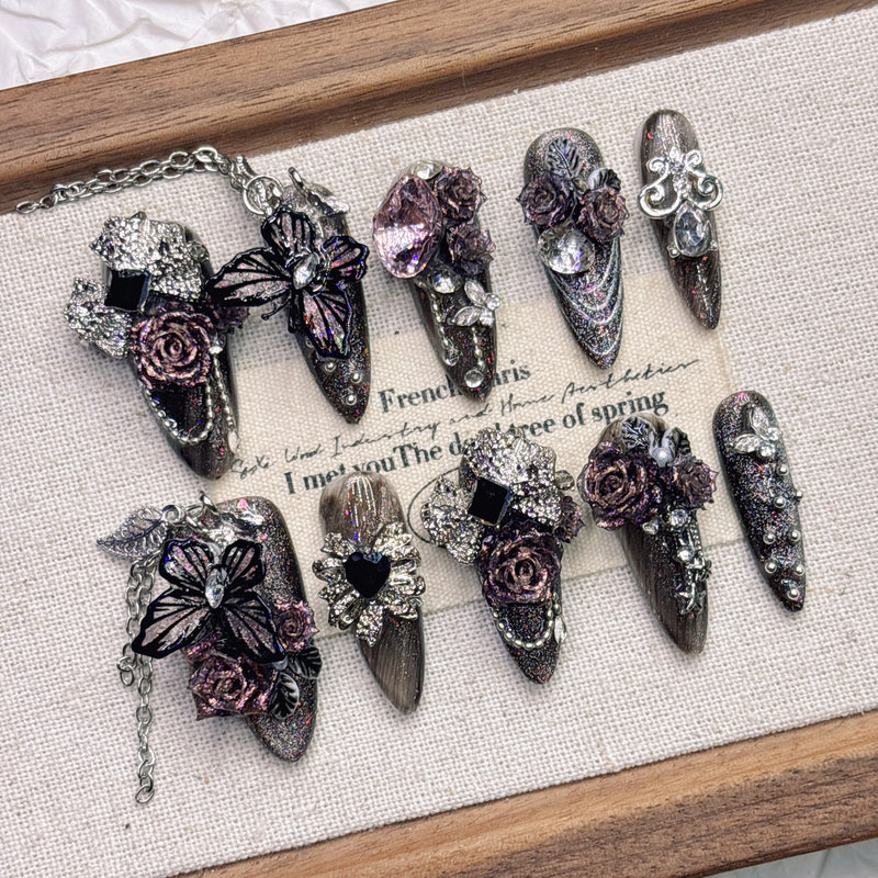 Dark Tassel Butterfly Gothic Style Handmade Wearable Nails, Heavy-Duty High-End Nail Art, 2026 Mid-Length Style Dark Tassel Butterfly Gothic Style Handmade Wearable Nails, Heavy-Duty High-End Nail Art, 2026 Mid-Length Style
