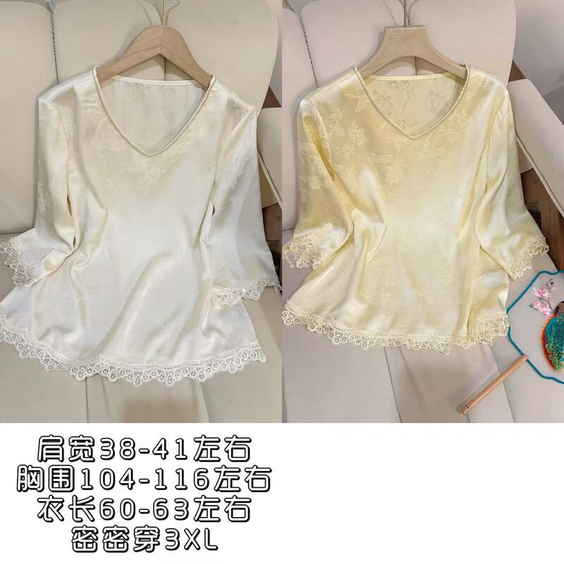 【Nianhua Xiao】Light Luxury Style Lace Trim V-Neck Satin Blouse for Women, Long-Sleeve, Elegant, Plus-Size Fashion Shirt