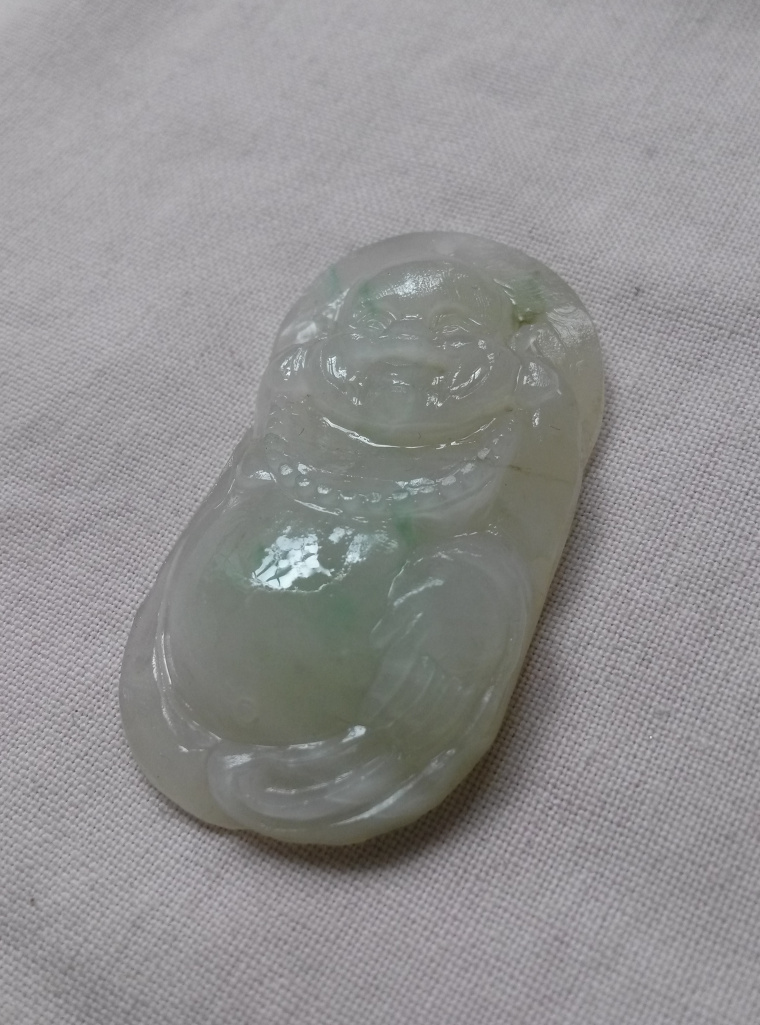 Sky Jiao natural ice bottom floating green flower ice and water white Buddha male pendant jade Buddha Millver girl with a smile of Buddha jade pendant