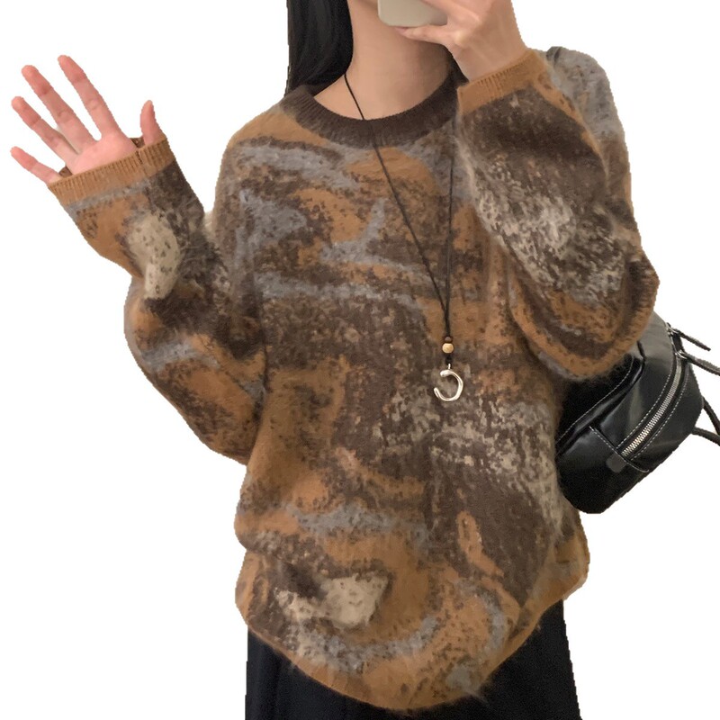 Marble-Patterned Cashmere Wool Sweater for Women, Oil Painting Style, Round Neck, French Retro Color-Blocking, Artistic Soft Knitwear