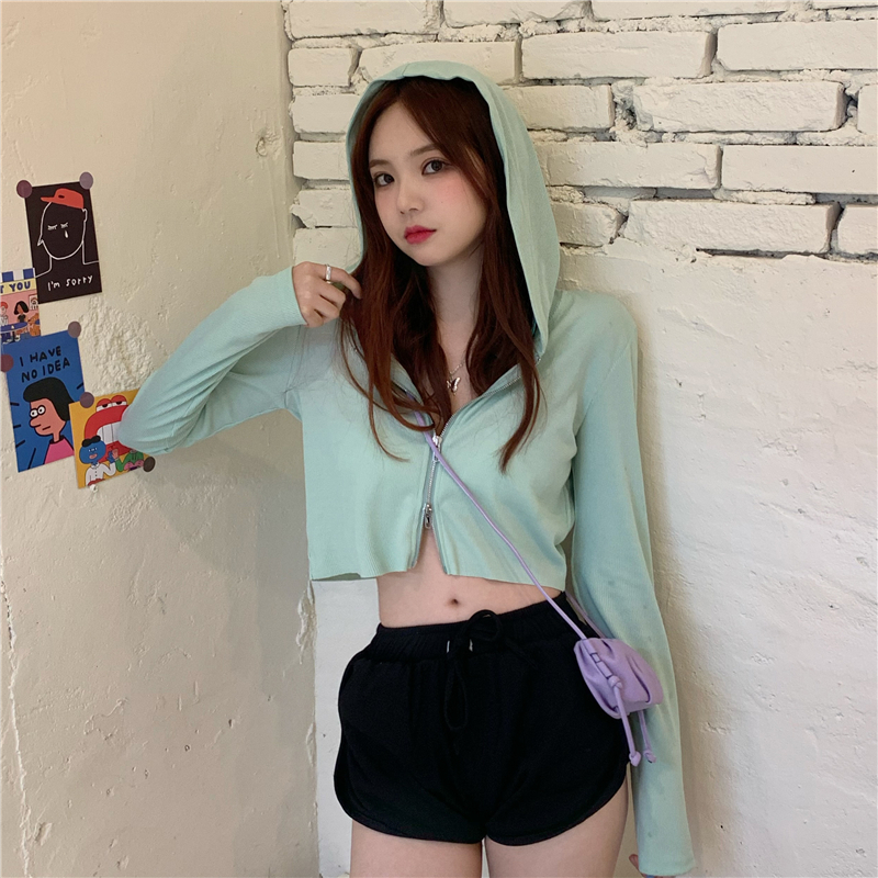 Đổ nước ngoài dệt kim nữ cardigan 2020 mới phiên bản Hàn Quốc của Yangqi ngắn mở rốn zip dài tay perinated đầu mỏng