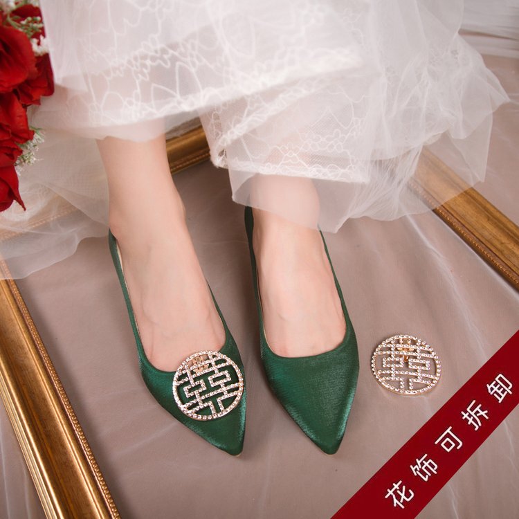Unique Green High-Heeled Shoes for Women 2025 Autumn and Winter Satin High-End Chinese Style Matching Hanfu Qipao Xiuhe Bridal Wedding Shoes