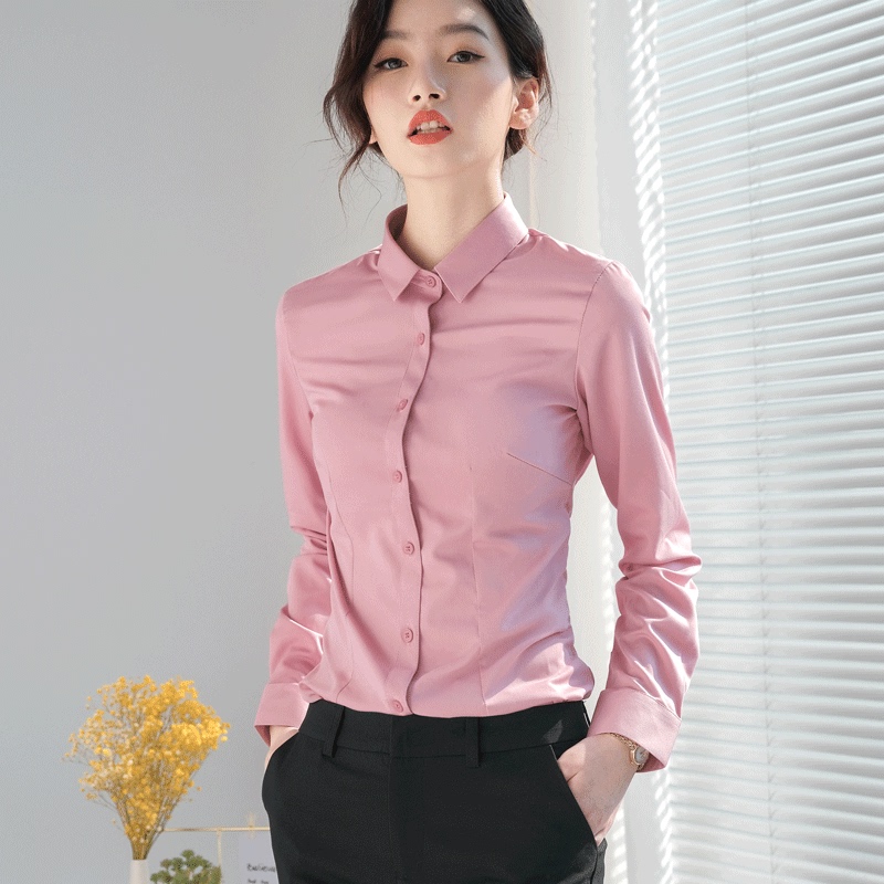 Pink Bamboo Fiber Professional Shirt for Women, Long-Sleeved, Spring and Autumn, Elegant Candy Color, Thin, Wrinkle-Free, Slim Fit, High-End Feel Shirt