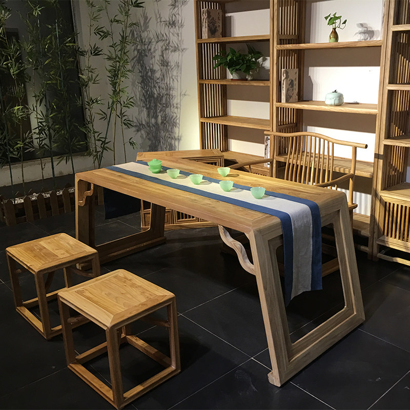 New Chinese style tea table paint-free old elm wood table and chair combination meeting table solid wood desk Zen clubhouse teahouse furniture