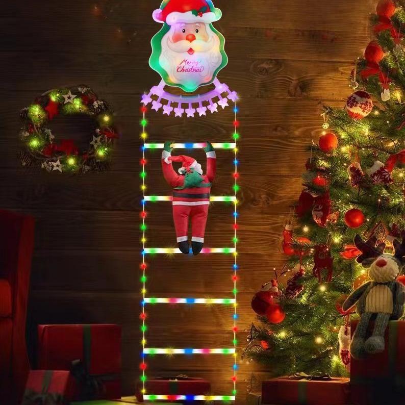 Christmas Stair Lights Ladder Lights Outdoor Decoration Waterproof with Climbing Santa Claus Figurine Pendant Glowing Decorative Lights