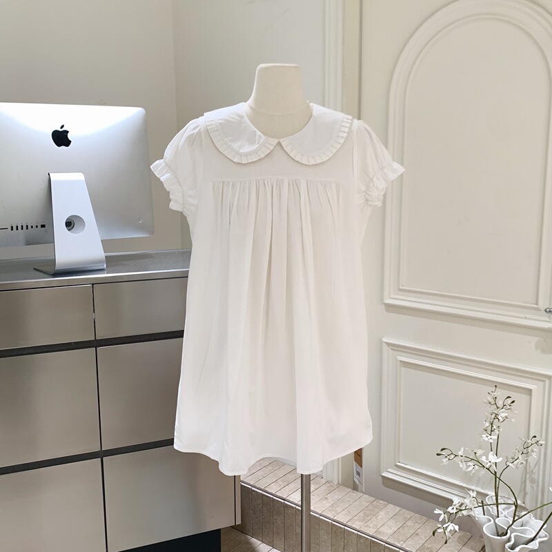 Just Kids Bubble Gum Moon Doll Collar Short-Sleeved Shirt for Women Summer Korean Style Sweet White Top Mid-Length