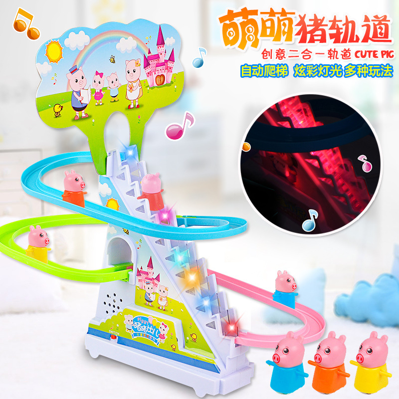 Children's electric climbing stairs track small pig climbing stairs with light music Pig Pig Climbing Stairs Toy Presents