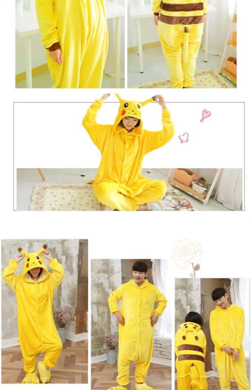 Pikachu lỏng trùm đầu dịch vụ nhà cuối tuần cặp vợ chồng màu vàng dài tay phù hợp với jumpsuit tai flannel bộ đồ mặc nhà