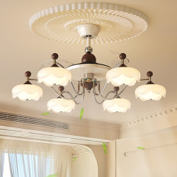 Song-Style Aesthetic Living Room Walnut-Colored Chandelier, Vintage French-Style Printed Fabric Lighting for Bedroom and Dining Room, Whole House Lighting Fixtures
