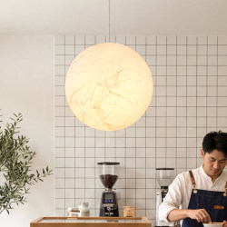 Nordic Minimalist Round Moon-Shaped Living Room Pendant Light, Japanese Wabi-Sabi Style Lampshade, Cozy Café Ambiance, Exhibition Hall Lighting