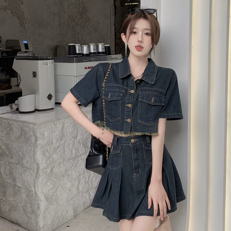 Джинсовый комплект, куртка, летняя короткая универсальная pleated юбка с завышенной талией, корейский стиль
