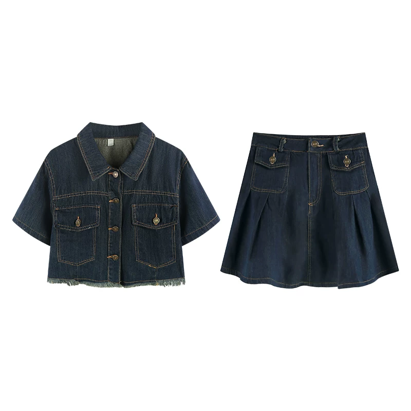 Джинсовый комплект, куртка, летняя короткая универсальная pleated юбка с завышенной талией, корейский стиль