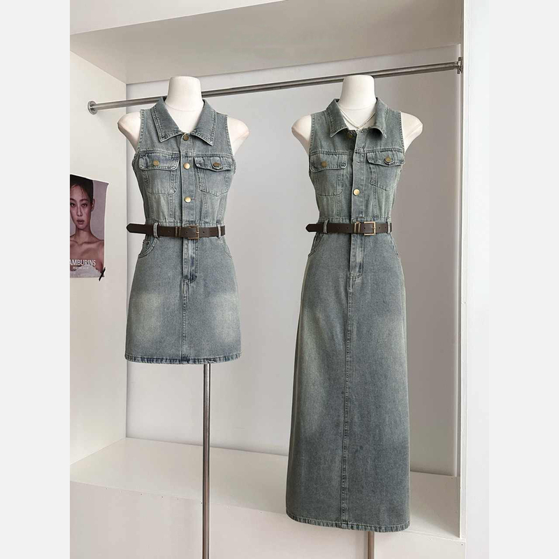 Hong Kong Style Denim Sleeveless Dress for Women, Waist-Cinching, Slimming, New Summer Vintage A-Line Long Skirt