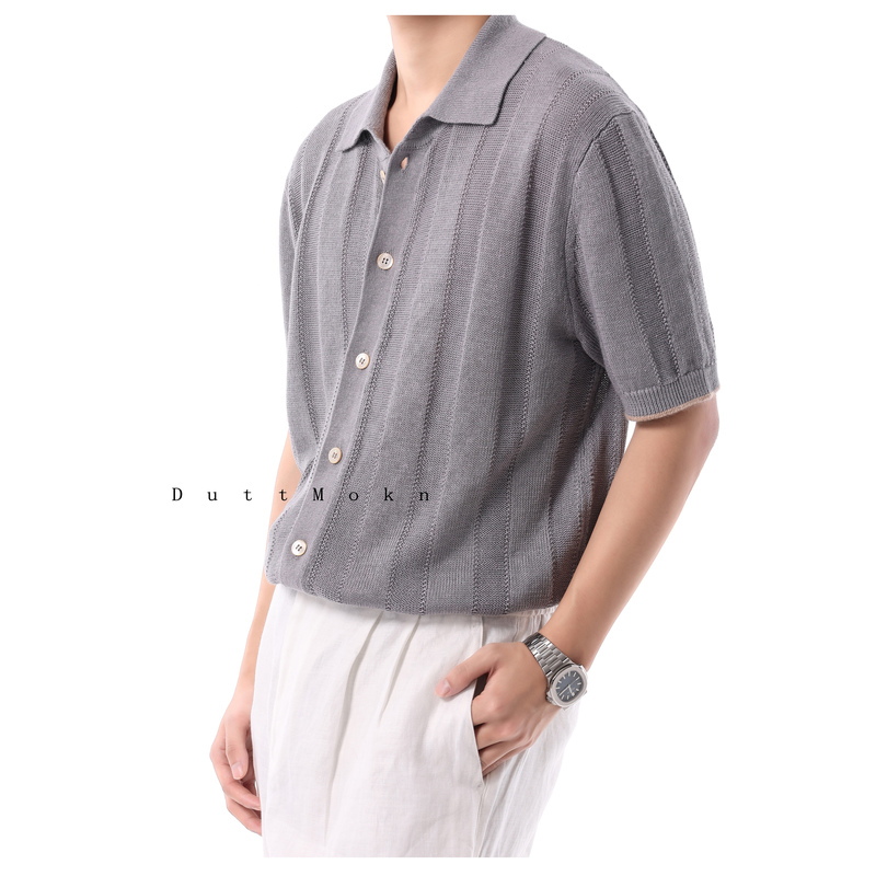 Duttmokn【70%Linen+30%Pimacotton】Bc Style Striped Jacquard Double-Sided Knit Cardigan Short Sleeve