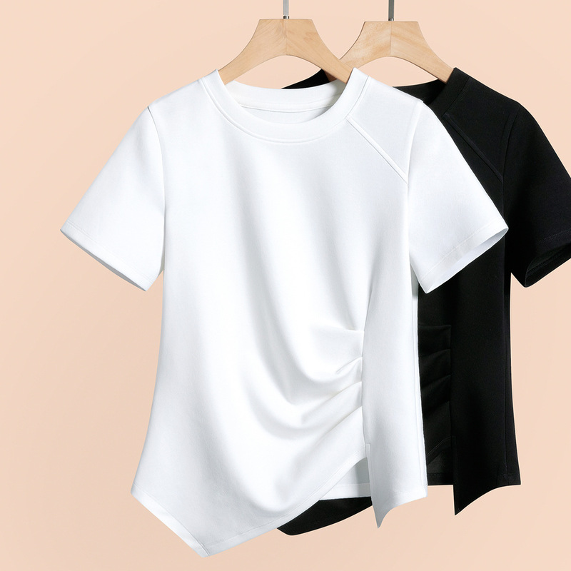 2026 Summer New Versatile Pure Cotton Short-Sleeve T-Shirt for Women with Elastic Design and Irregular Slit, Niche Half-Sleeve 2026 Summer New Versatile Pure Cotton Short-Sleeve T-Shirt for Women with Elastic Design and Irregular Slit, Niche Half-Sleeve