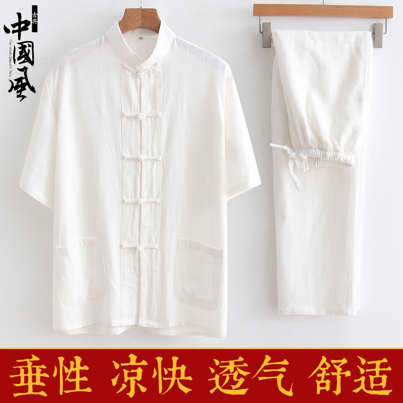 Trung Quốc Gió Tang nam mùa hè ngắn tay Linen Suit Trung niên Dad Dresschinese kiểu Trung Quốc Trung Quốc ăn mặc Gushi Zen