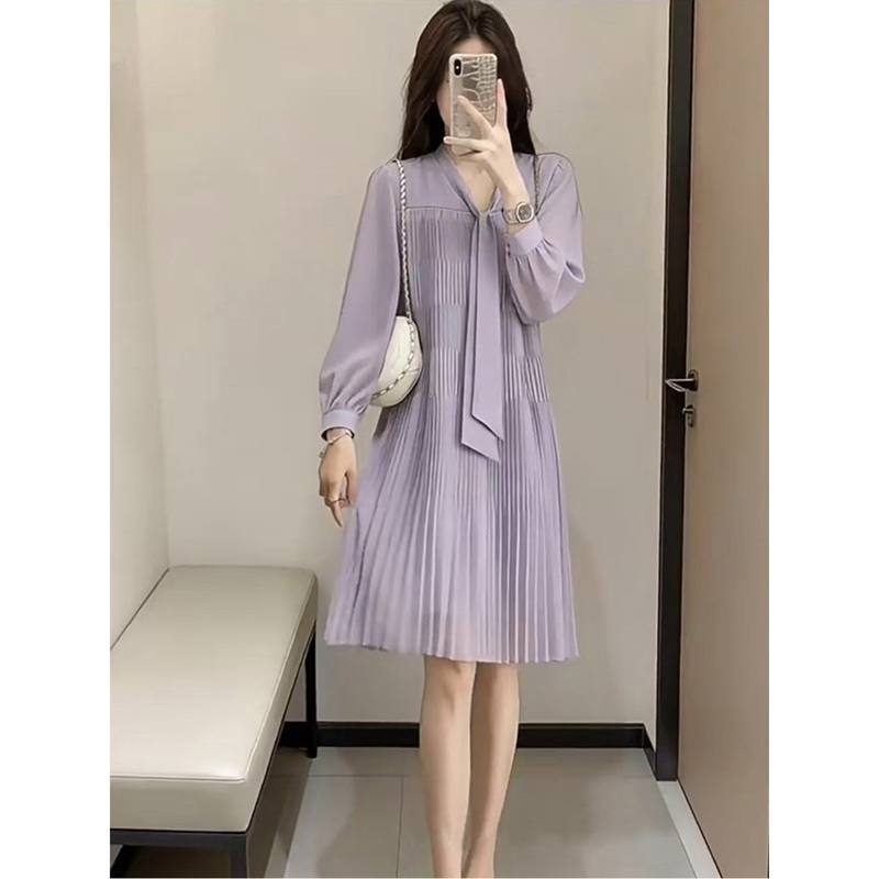 2026 Spring/Summer New Plus Size Women's Clothing for Petite Figures, Purple Slimming Dress for Covering Flaws, Pleated Fairy Dress for Chubby Women