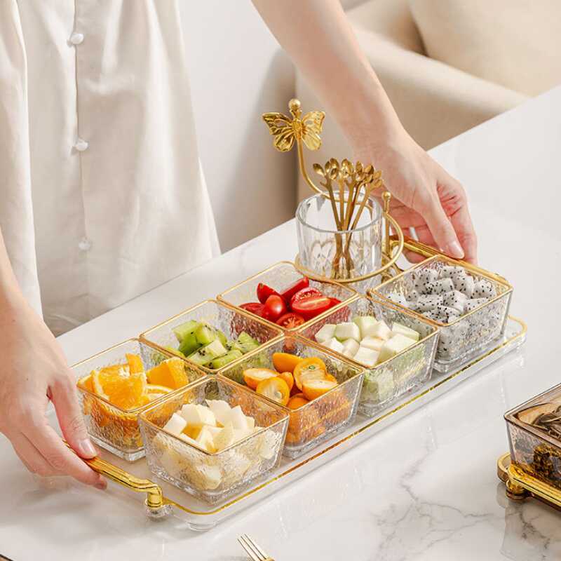 Light Luxury High-End Snack Box, Glass Fruit Plate, Home Living Room Coffee Table Snack Compartment Plate with Lid, Dried Fruit Storage Box