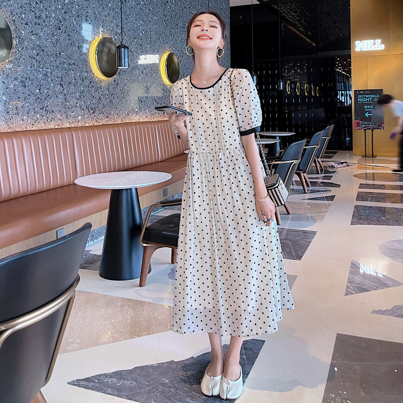 MAJE KARA Loose Bubble Cuff Polo Dot Ocean Dress Women Summer 2022 New High Waist Display Slim Fit Long Dress