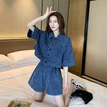  MAJE KARA 2021 summer new denim shorts suit female foreign style age reduction and thin small two-piece suit
